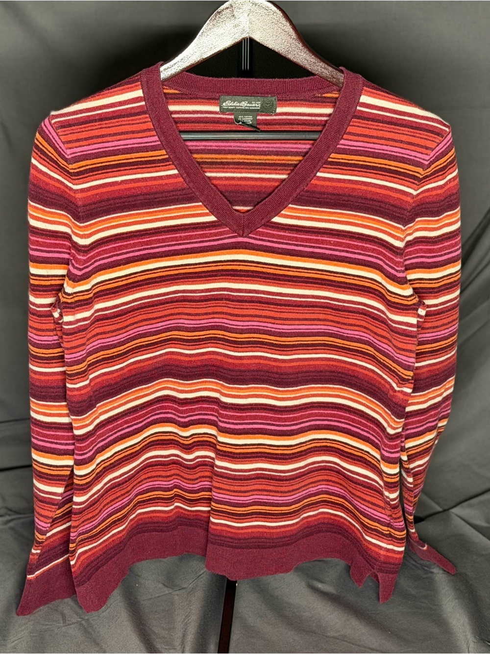 Eddie Bauer Womens V-Neck Striped Sweater Cashmere Blend